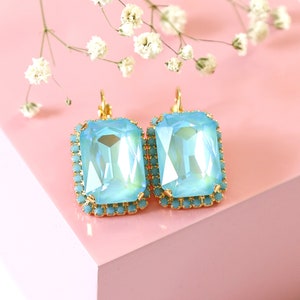Turquoise Drop Earrings, Light Blue Earrings, Turquoise Gold Crystal Earrings, Christmas Gift For Her, Neon Blue Earrings, Blue Earrings