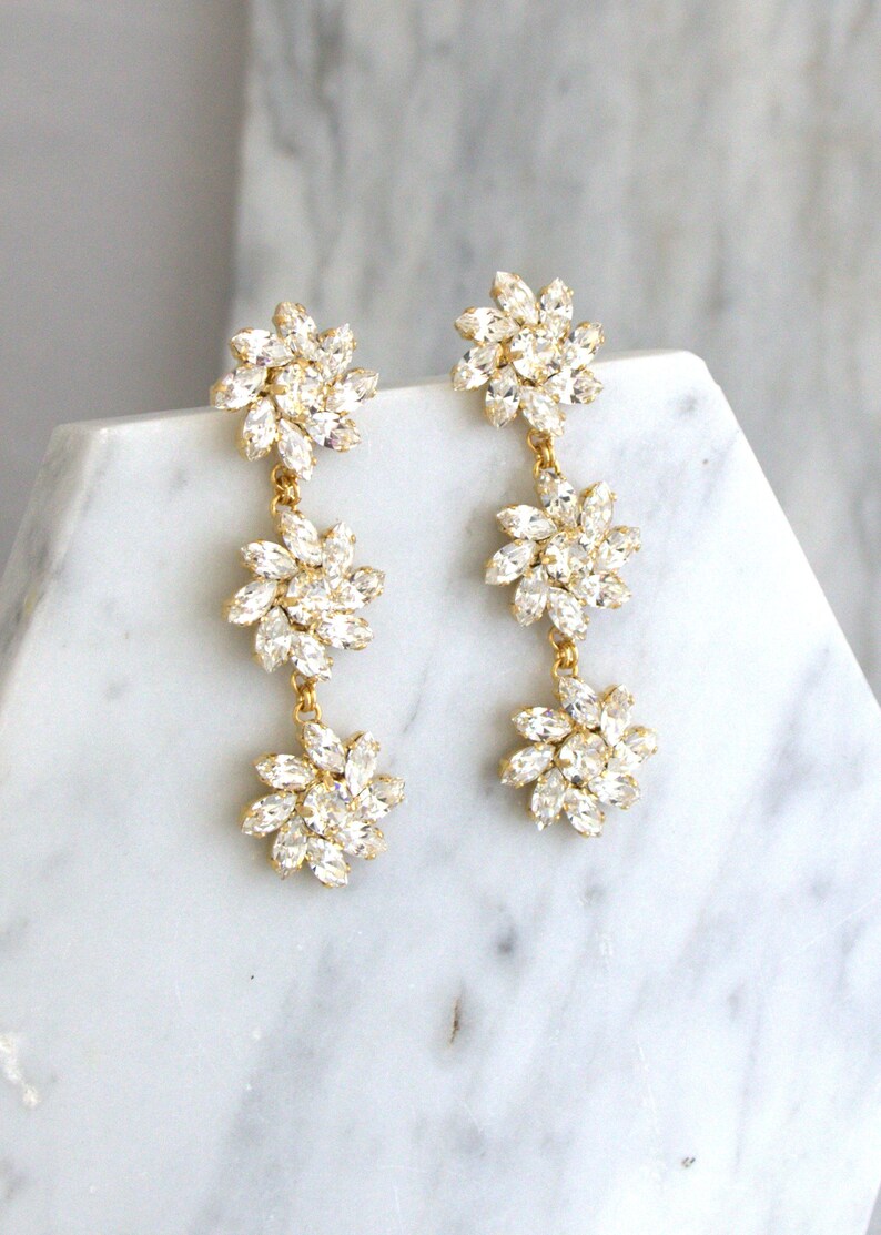 Bridal Long Earrings, Bridal Crystal Clear Earrings, Flower Crystal Chandelier Earrings, Long Crystal Dangle Earrings, Gift For Her image 6