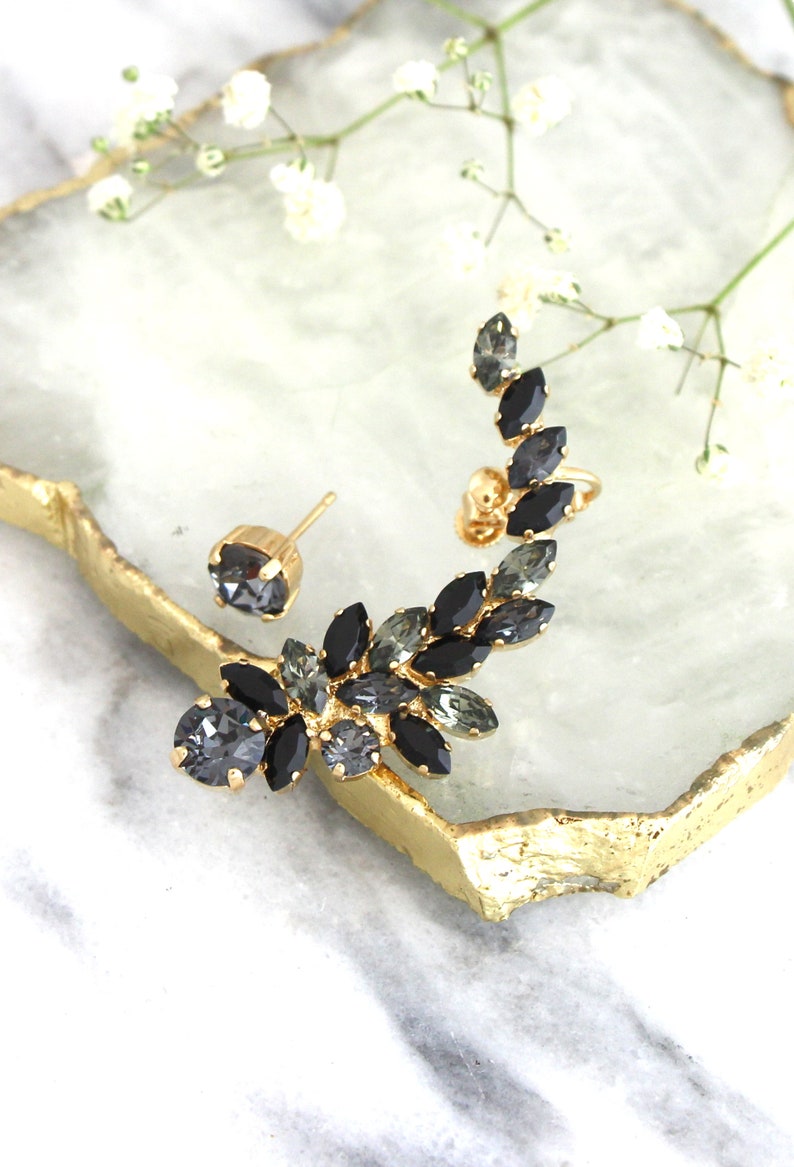 Black Ear Climbing Crystal Earrings Black Gray Ear Cuff Etsy