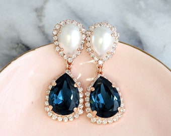 Blue Navy Earrings, Bridal Blue Navy Earrings, Bridal Pearl Chandelier Earrings, Something Blue, Blue Navy Crystal Bridal Long Earrings