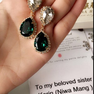 Emerald chandelier earring, Estate earrings, Bridal Emerald Chandelier Drop Crystal Earrings, Green Emerald Crystal Gold Earrings. image 7