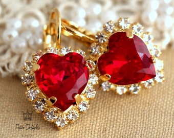 Ruby Crystal Drop Earrings, Red Heart Earrings, Bridal Ruby Earrings, Crystal Dangle Ruby Earrings, Valentines Gift For Her, Heart Earrings
