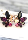 Purple Black Earrings, Bridal Purple Rose Gold Earrings, Bridal Cluster Earrings, Bridesmaids Earrings, Gift for her, Purple Stud Earrings