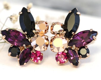 Purple Black Earrings, Bridal Purple Rose Gold Earrings, Bridal Cluster Earrings, Bridesmaids Earrings, Gift for her, Purple Stud Earrings