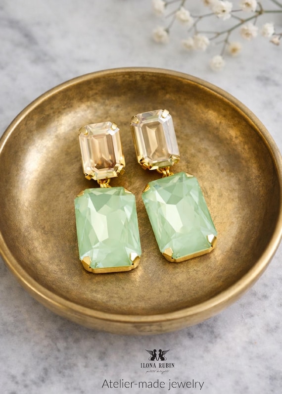 Green Gold Crystal Chandeliers, Light Green Emerald Cut Earrings, Long Pale Green Oversized Earrings, Sage Green Drop Earrings