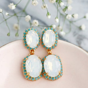 White Opal Earrings, Bridal White Opal Drop Earrings, Bridal Turquoise Chandelier Earrings, Bridal Crystal Earrings, Something Blue image 2