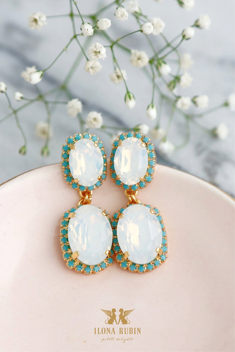 White Opal Earrings, Bridal White Opal Drop Earrings, Bridal Turquoise Chandelier Earrings, Bridal Crystal Earrings, Something Blue image 2