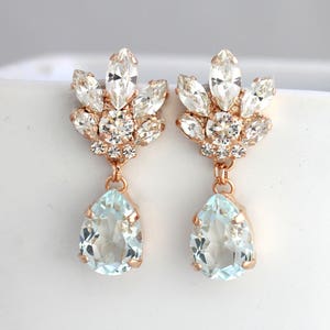 Bridal Chandeliers, Aquamarine Chandelier, Blue Sky Earrings, Bridal Earrings, Rose Gold Bridal Earrings, Bridal light Blue Drop Earrings. image 1