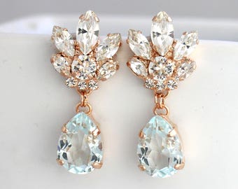 Lustres à clip pour mariée, lustre aigue-marine, boucles d'oreilles bleu ciel, boucles d'oreilles à clip pour mariée, boucles d'oreilles à clip en or rose pour mariée