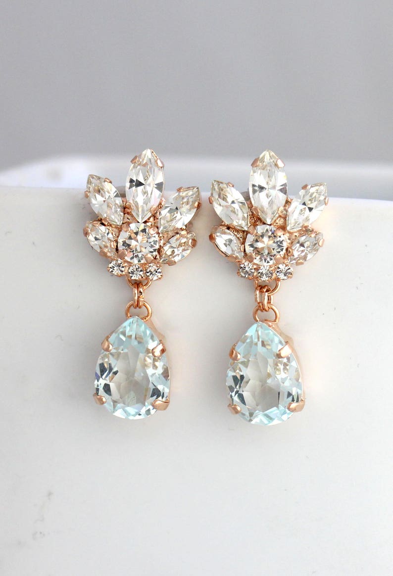 Lustres de mariée, lustre aigue-marine, boucles d'oreilles bleu ciel, boucles d'oreilles de mariée, boucles d'oreilles de mariée en or rose, boucles d'oreilles de mariée bleu clair. Rose Gold