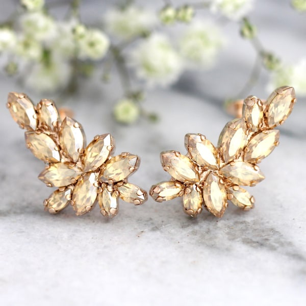 Champagne Climbing Bridal Earrings, Bridal Rose Gold earrings, Crystal Climbing Cluster Studs, Crystal Bridal Champagne Stud Earrings