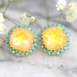 Yellow Stud Earrings, Canary Yellow Crystal Earrings, Yellow Neon Crystal earrings, Yellow Blue Stud earrings Yellow Bridesmaids Earrings image 1