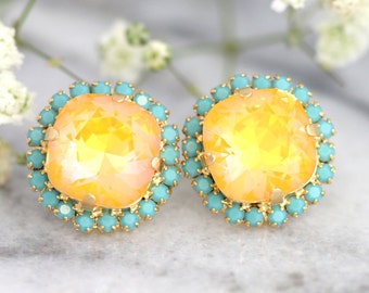 Yellow Stud Earrings, Canary Yellow Crystal Earrings, Yellow Neon Crystal earrings, Yellow Blue Stud earrings Yellow Bridesmaids Earrings