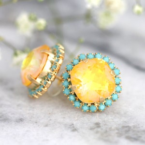 Yellow Stud Earrings, Canary Yellow Crystal Earrings, Yellow Neon Crystal earrings, Yellow Blue Stud earrings Yellow Bridesmaids Earrings image 2