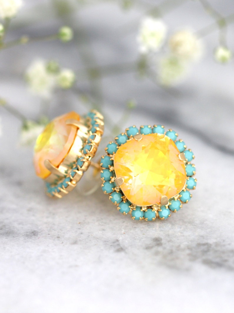 Yellow Stud Earrings, Canary Yellow Crystal Earrings, Yellow Neon Crystal earrings, Yellow Blue Stud earrings Yellow Bridesmaids Earrings image 2