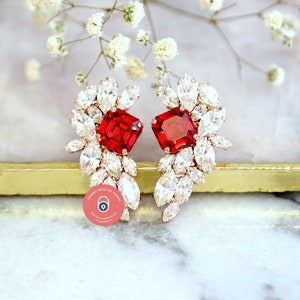 Red Crystal Earrings, Bridal Red Crystal Earrings, Scarlet Red Cluster Crystal Earrings, Ruby Red Cluster Stud Earrings, Gift For Her image 2