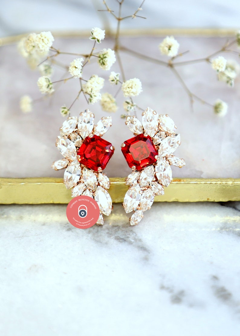 Red Crystal Earrings, Bridal Red Crystal Earrings, Scarlet Red Cluster Crystal Earrings, Ruby Red Cluster Stud Earrings, Gift For Her image 2