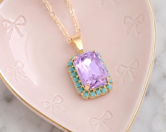 Light Purple Crystal Necklace, Lilac Crystal Bridesmaids Wedding Necklace, Lavender Purple Emerald Cut Necklace, Wedding Jewelry