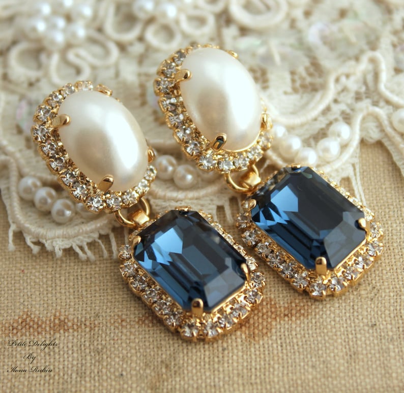 Blue Navy Chandelier Earrings Bridal Navy Blue Drop Earrings Etsy