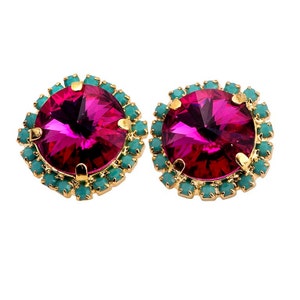 Roze Fuchsia Oorbellen, Hot Pink Crystal Pink Fuchsia Turquoise Gold of Silver Stud Oorbellen, Roze Turquoise Crystal Bruidsmeisjes Oorbellen afbeelding 4