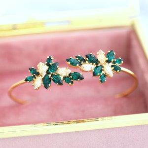 Emerald Gold Bracelet, Emerald Champagne Crystal Bracelet, Bridal Emerald Green Crystal Bracelet, Emerald Cuff Crystal Gold Bracelet. Gold
