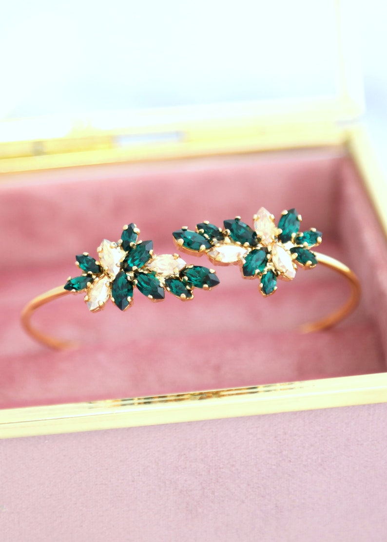 Emerald Gold Bracelet, Emerald Champagne Crystal Bracelet, Bridal Emerald Green Crystal Bracelet, Emerald Cuff Crystal Gold Bracelet. Gold