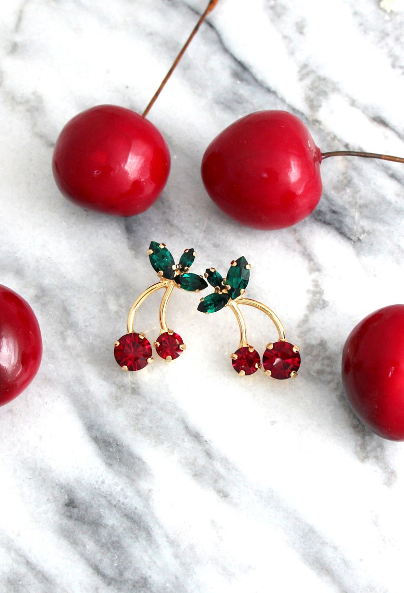 Cherry Earrings Cherry Stud Earrings Green Red Earrings Etsy