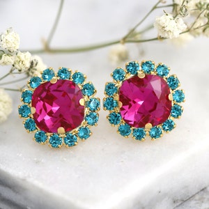 Hot Pink Crystal Stud Earrings, Fuchsia Pink Blue Teal Crystal Earrings, Hot Pink Earrings, Bridesmaids Earrings, Birthday Gift For Her