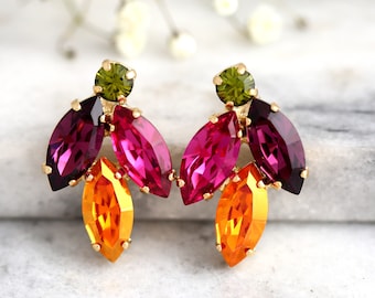 Multi Color Earrings, Bridal Multi Color Earrings, Purple Green Earrings, Gift For Her, Bridesmaids Earrings, Purple Orange Stud Earrings