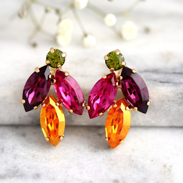 Multi Color Earrings, Bridal Multi Color Earrings, Purple Green Earrings, Gift For Her, Bridesmaids Earrings, Purple Orange Stud Earrings