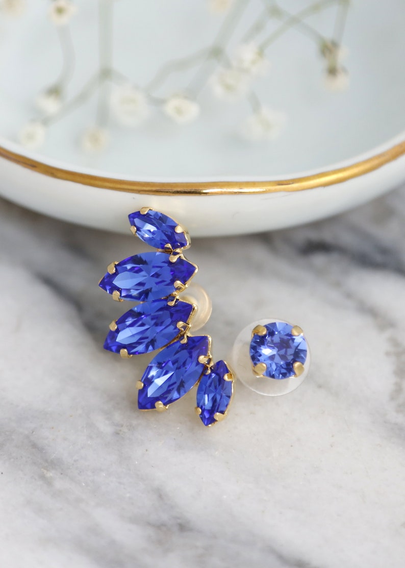 Ear Climber earrings, Blue Sapphire Climbing earrings, Cobalt Blue Ear Cuff Earrings, Blue Sapphire Ear Crawler Crystal Earrings image 5