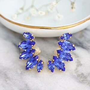 Ear Climber earrings, Blue Sapphire Climbing earrings, Cobalt Blue Ear Cuff Earrings, Blue Sapphire Ear Crawler Crystal Earrings image 3