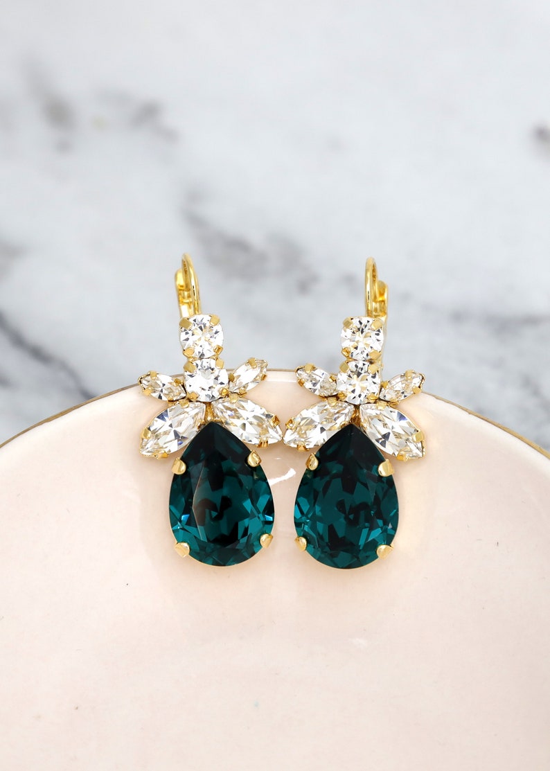 Emerald Green Bridal Earrings, Dark Green Crystal Earrings, Bridal Emerald Earrings, Green Emerald Dangle Earrings, Green Blue Drop Earrings image 3