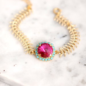 Pink Gold Bracelet, Fuchsia Pink Blue Bracelet, Hot pink Bracelet, Gift For Her, Pink Fuchsia Crystal FishBone Bracelet, Christmas Gift
