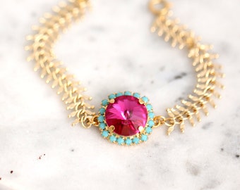 Pink Gold Bracelet, Fuchsia Pink Blue Bracelet, Hot pink Bracelet, Gift For Her, Pink Fuchsia Crystal FishBone Bracelet, Christmas Gift