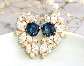 Blue Navy Earrings, Bridal Navy Blue Navy Crystal Earrings, Dark Blue Cluster Earrings, Blue Crystal Earrings, Bridesmaids Jewelry