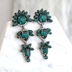 Emerald Earrings, Emerald Statement Earrings, Bridal Emerald Earrings, Emerald Green Crystal Long Earrings, Dark Green Bridal Earrings
