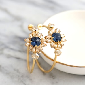 Navy Blue Earrings, Blue Navy Crystal Hoop Crystal Earrings, Oversize Hoop Earrings, Blue Hoop Gold Earrings, Hoop Earrings, Gift For Her
