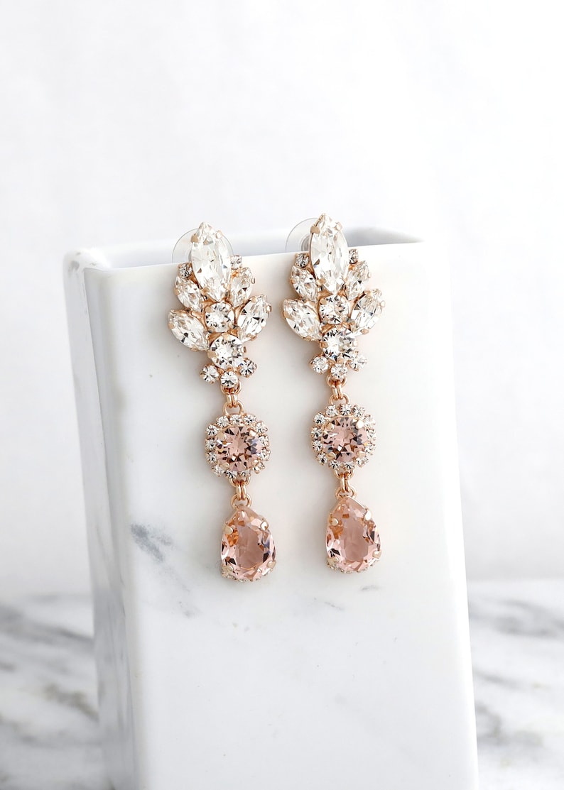 Blush Pink BRIDAL LONG EARRINGS, Bridal Blush Rose Chandeliers, Morganite Crystal Long Chandelier Earrings, Bridal Dusty Rose Earrings image 3