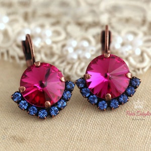 Pink Blue Drop Earrings, Fuchsia Pink Crystal Earrings, Hot Pink Crystal Lever back Earrings, Bridesmaids Pink Earrings, Fuchsia Earrings image 1