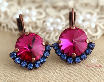 Pink Blue Drop Earrings, Fuchsia Pink Crystal Earrings, Hot Pink Crystal Lever back Earrings, Bridesmaids Pink Earrings, Fuchsia Earrings