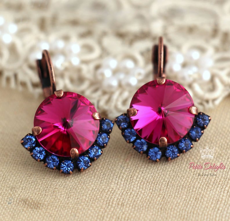 Pink Blue Drop Earrings, Fuchsia Pink Crystal Earrings, Hot Pink Crystal Lever back Earrings, Bridesmaids Pink Earrings, Fuchsia Earrings image 1