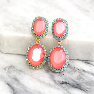 Coral Mint Earrings, Coral Chandelier Crystal Drop Earrings, Coral Mint Chandelier Earrings, Coral Bridal Long Dangle Earrings, Gift For Her image 6