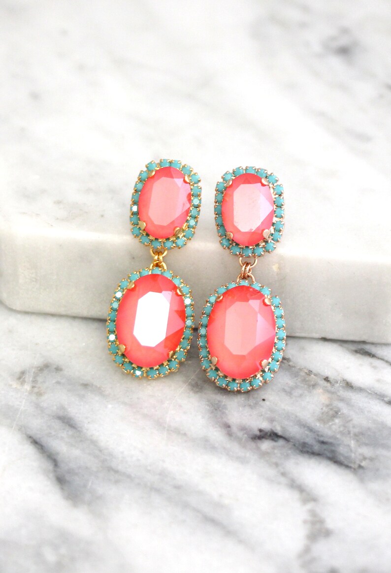 Coral Mint Earrings, Coral Chandelier Crystal Drop Earrings, Coral Mint Chandelier Earrings, Coral Bridal Long Dangle Earrings, Gift For Her image 6