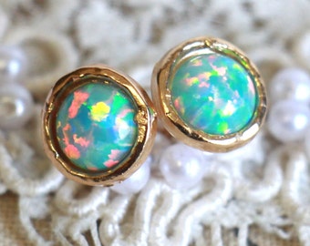 Opal earrings, Opal stud earrings, Mint Opal earrings, Gold Opal earrings,Gift for woman, October birthstone - 14 Gold filled earrings