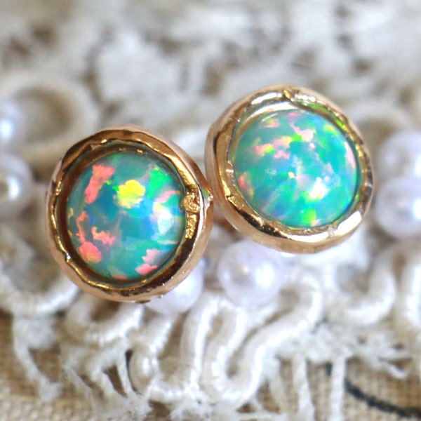 Opal earrings, Opal stud earrings, Mint Opal earrings, Gold Opal earrings,Gift for woman, October birthstone - 14 Gold filled earrings