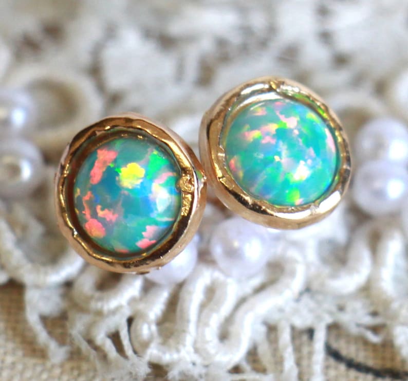 Opal Earrings Opal Stud Earrings Mint Opal Earrings Gold Etsy