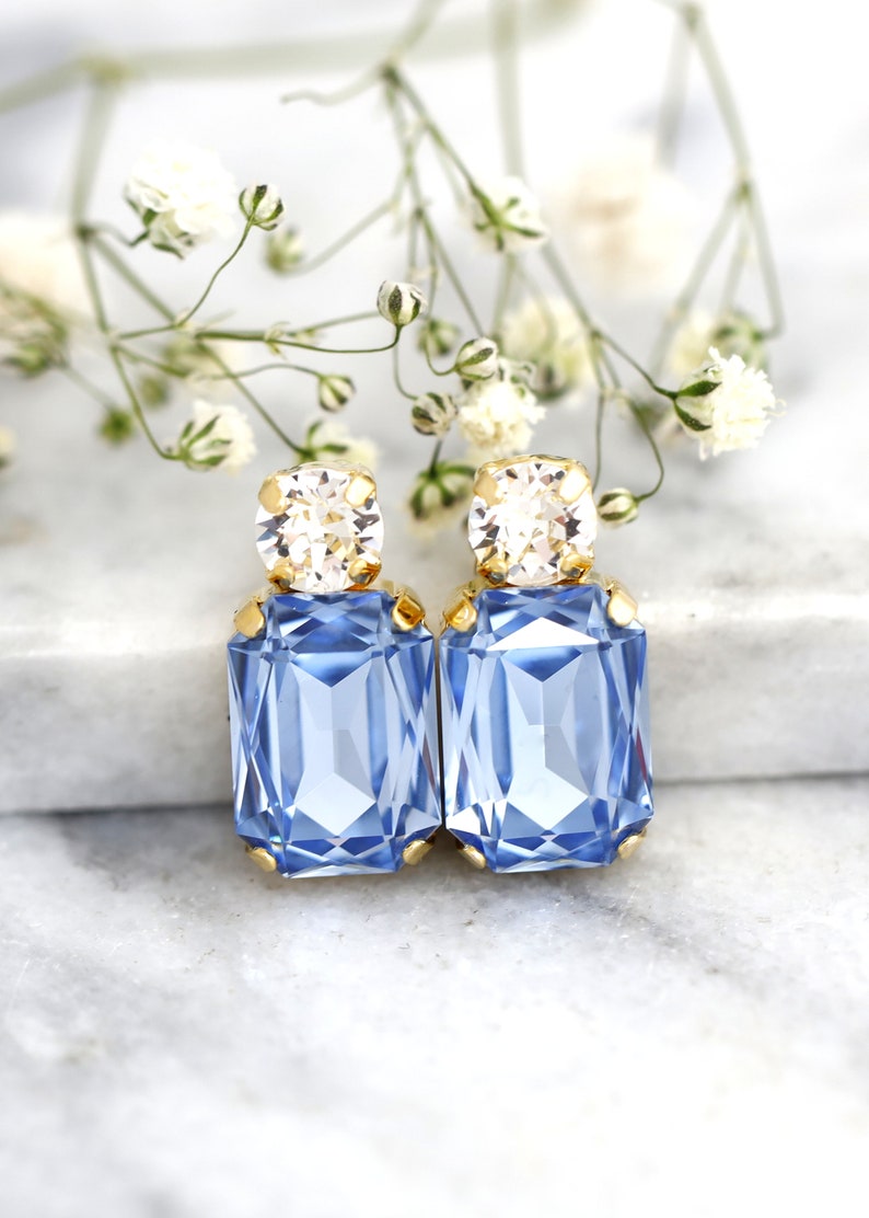 Blue Aquamarine Stud Earrings, Light Sapphire Crystal Bridal Earrings, Aquamarine Blue Bridesmaids Earrings, Light Blue Studs, Gift For Her image 1