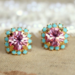 Pink Blue Stud Stud Earrings, Pink Crystal Earrings, Bridesmaids Earrings, Gift For Women, Handmade Pink Earrings, Pink Turquoise Earrings image 2