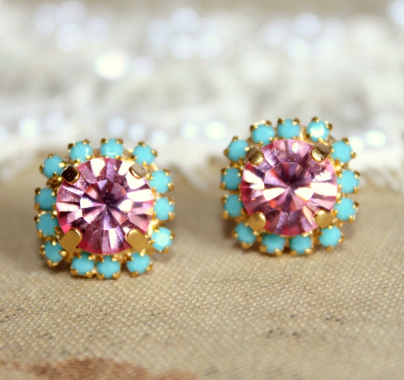 Pink Blue Stud Stud Earrings, Pink Crystal Earrings, Bridesmaids Earrings, Gift For Women, Handmade Pink Earrings, Pink Turquoise Earrings image 2